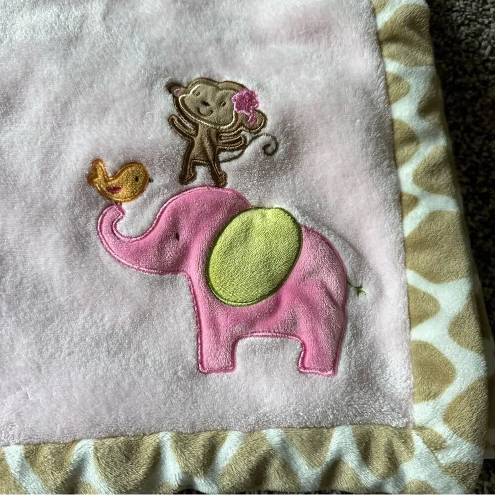 Carters Pink Baby Blanket Elephant Monkey with Giraffe Print Edging 30x40